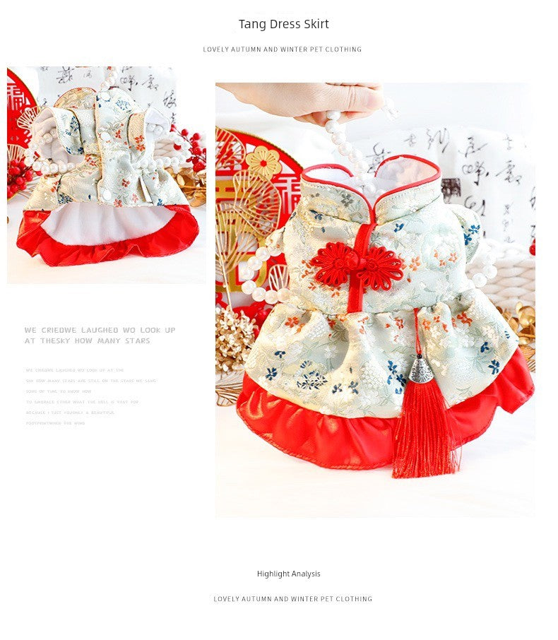 Spring Pet Small Skirt Clothes Princess Tassel Lace Tang Suit Group Pet Clothes New Year Festive Gift Box