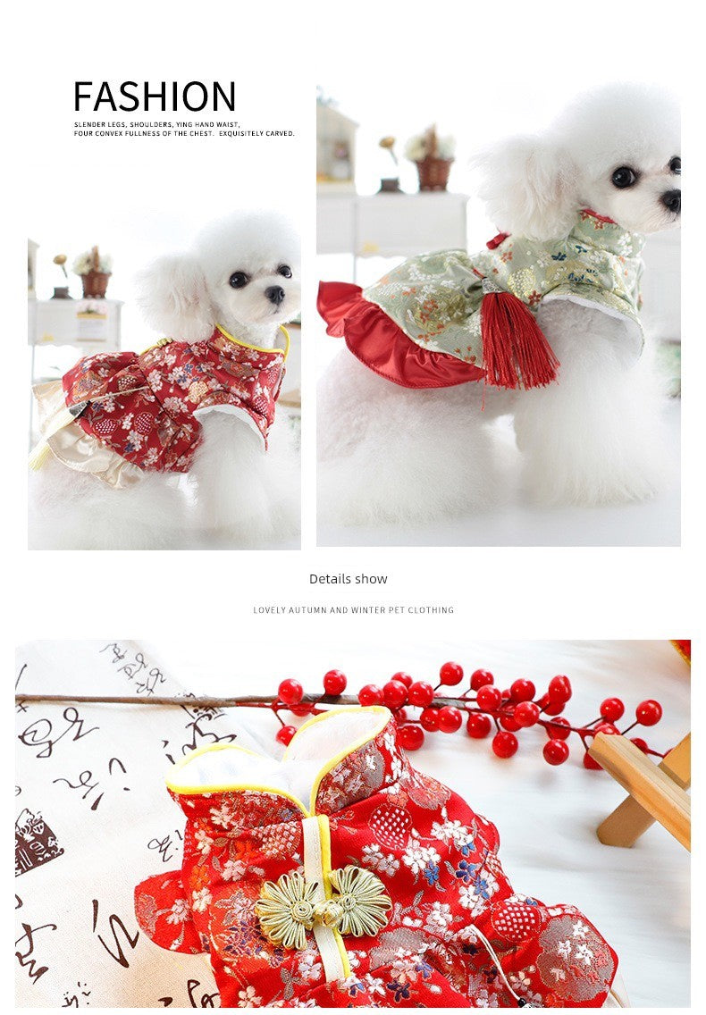 Spring Pet Small Skirt Clothes Princess Tassel Lace Tang Suit Group Pet Clothes New Year Festive Gift Box