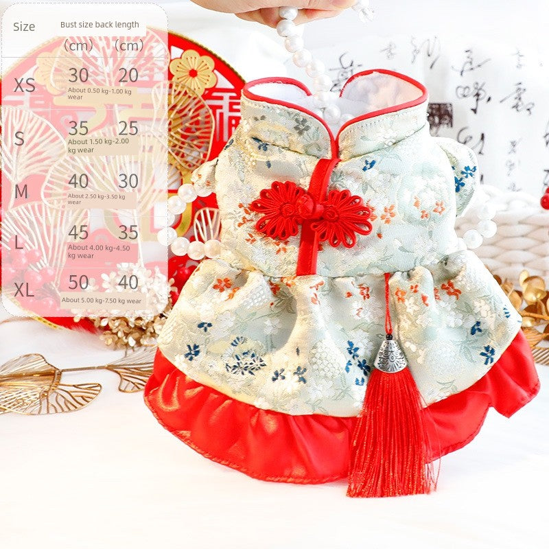 Spring Pet Small Skirt Clothes Princess Tassel Lace Tang Suit Group Pet Clothes New Year Festive Gift Box