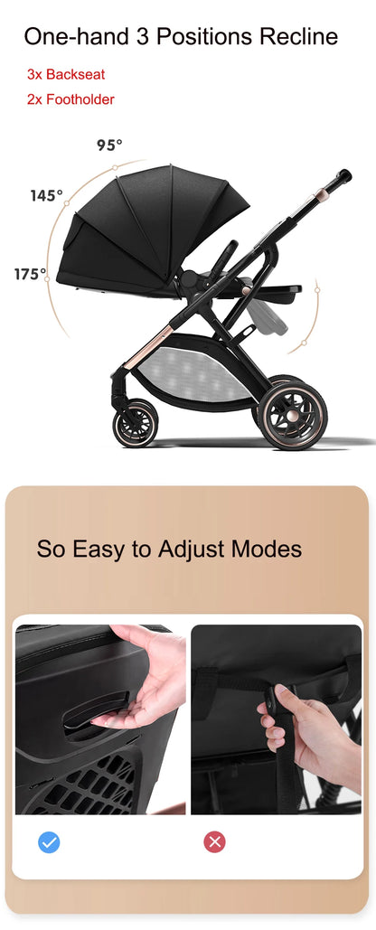 Fashion High View Baby Stroller Ergonomics Seat Bassinet for Newborn Portable Baby Pram One Hand to Recline Basket Pushchair